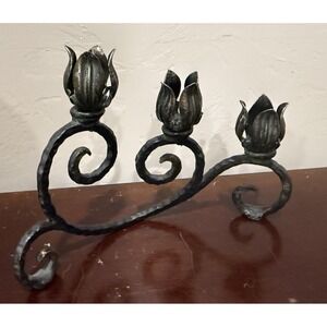 Metal Cast Iron Rose Candleholder  With 3 Flower‎ Buds Vintage